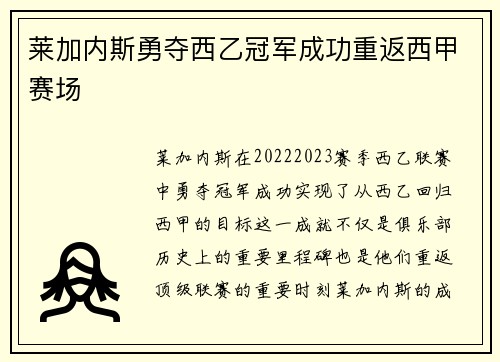 莱加内斯勇夺西乙冠军成功重返西甲赛场